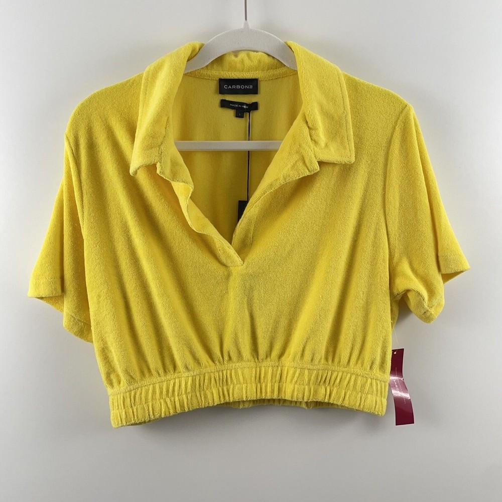 Carbon38 Womens Cropped Top Yellow Large Cotton Blend Short Sleeve Micro…